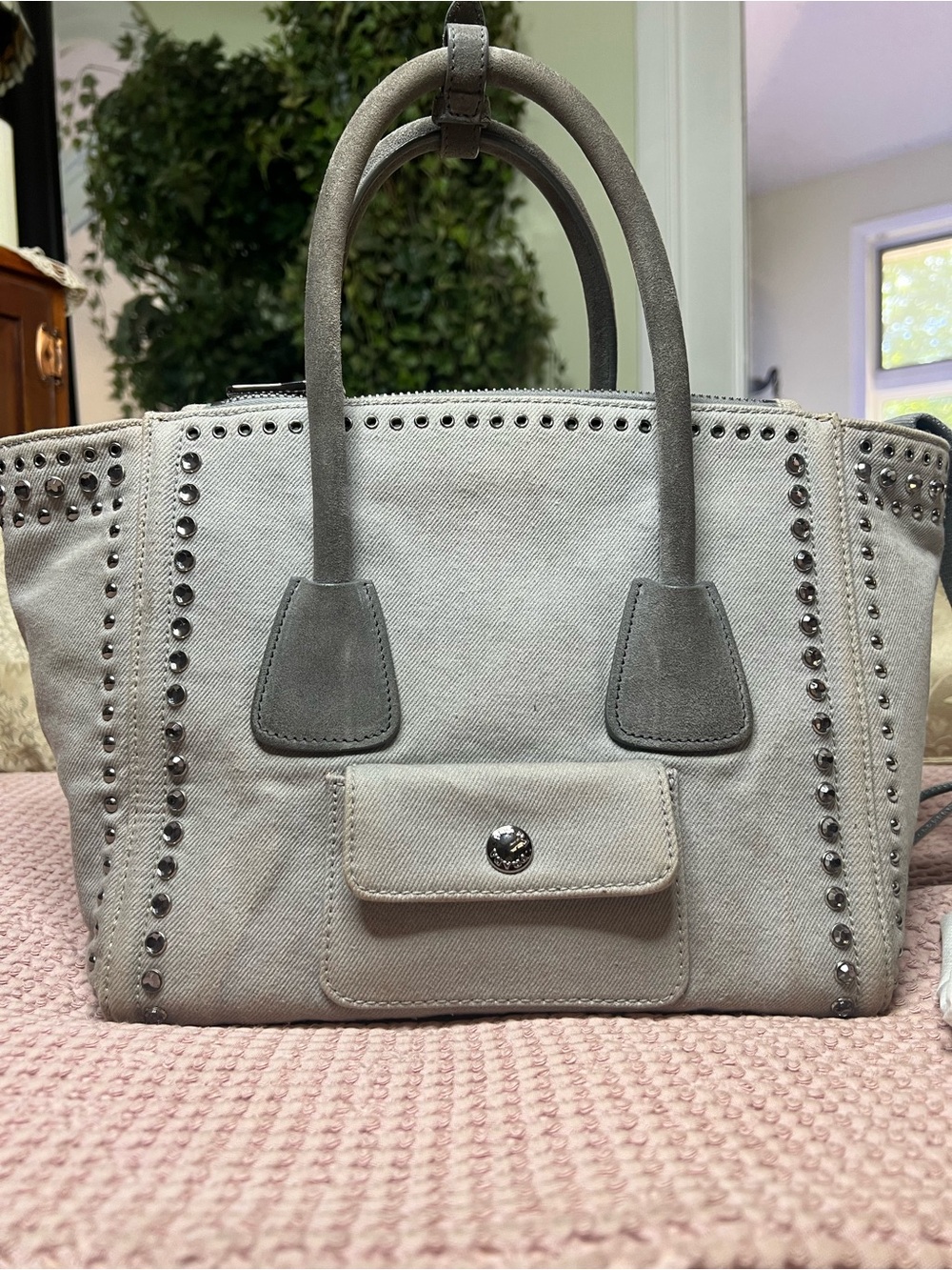 Prada Canapa Studded Crystal Denim Tote Bag Grey Nube B2692H - Picture 4 of 17